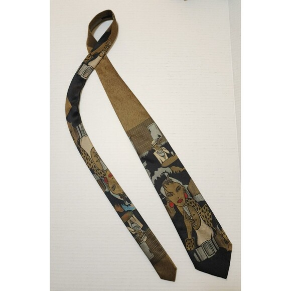 Winn Bros Made in Italy Mens Silk Tie 3.5"x56" Brown Black Red Ladies Cocktails - Picture 2 of 6